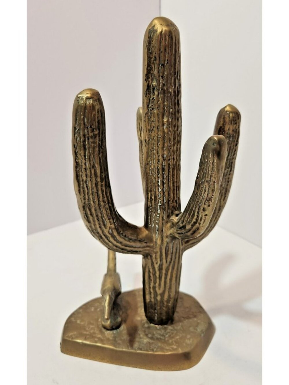 Vintage Large Brass Saguaro Cactus with Roadrunner Figurine 10" Tall Western